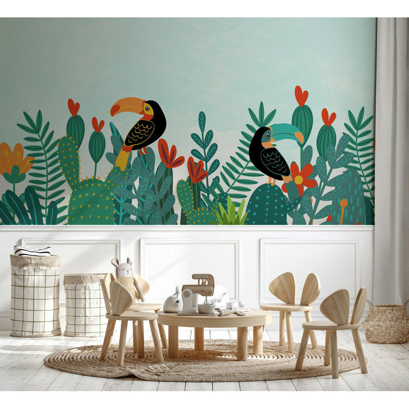 Papier peint jungle tropicale avec fleurs de cactus, L 105,96 po x l 187 po