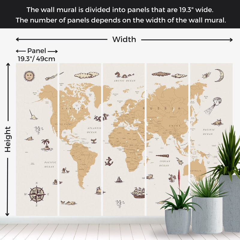 Peel & Stick Kids Wall Mural - Countries With Pirate Illustrations, 115" W x 82" L