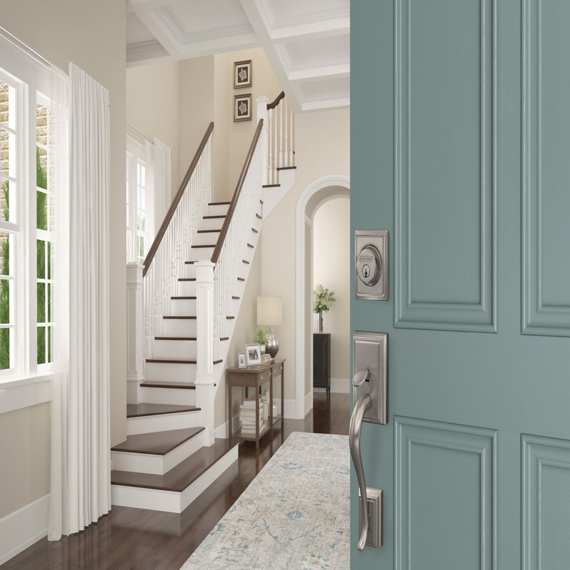 Addison Handleset with Single Cylinder Deadbolt and Plymouth Door Knob and Rosette, Satin Nickel, Keyed Alike, Yes