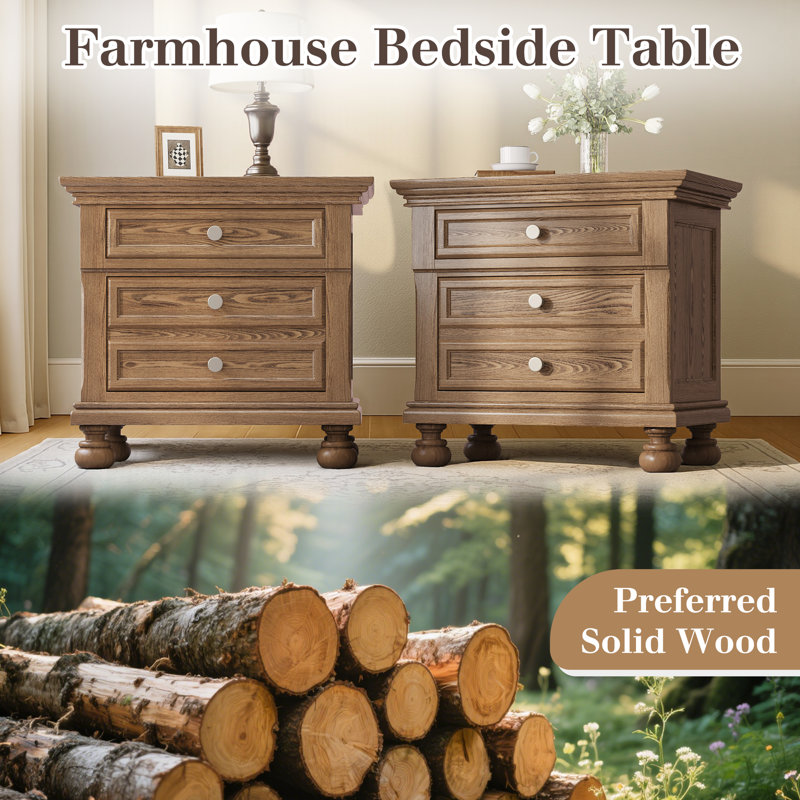 26'' W Classic Solid Wood 2-Drawer Nightstand with Roman Column Legs,Minimal Assembly Needed,Light Brown, Light Brown