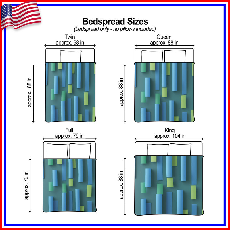 Blue Green Vertical Rectangles Quilted Bedspread All Sizes, Twin