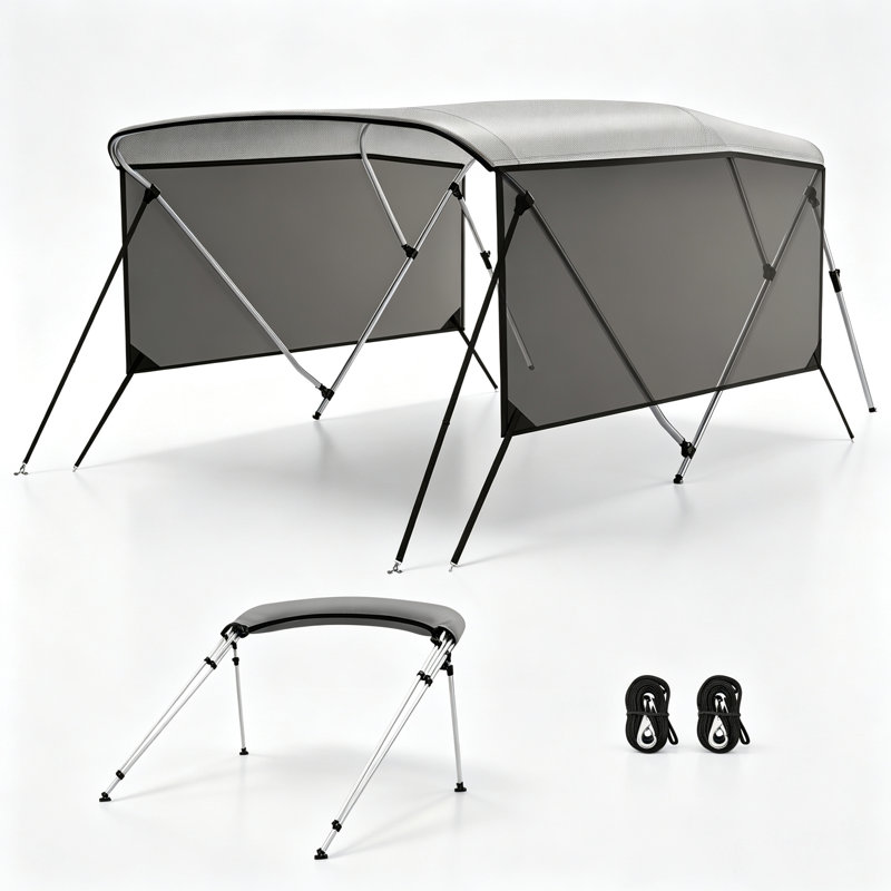 Beach Parasol with Manual Lift, 183L×117H×155–168W cm, Grey, Light grey with side curtains