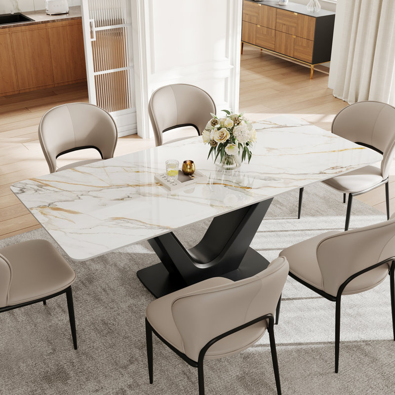 Randahl 71'' L Modern Rectangular Stone Top Dining Table for 6, Black, Snow Mountain White, 29.5" H x 71" W x 35.43" D