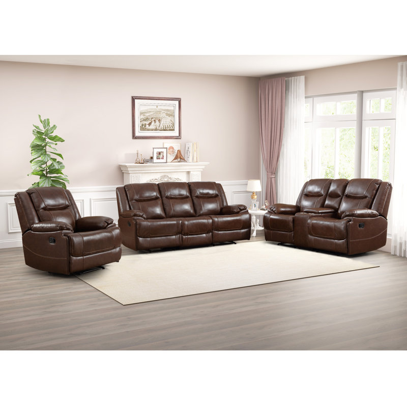 Ensemble de salon inclinable en cuir véritable 3 pièces Ageus avec 1 fauteuil inclinable, 1 causeuse et 1 canapé Ageus, Brun