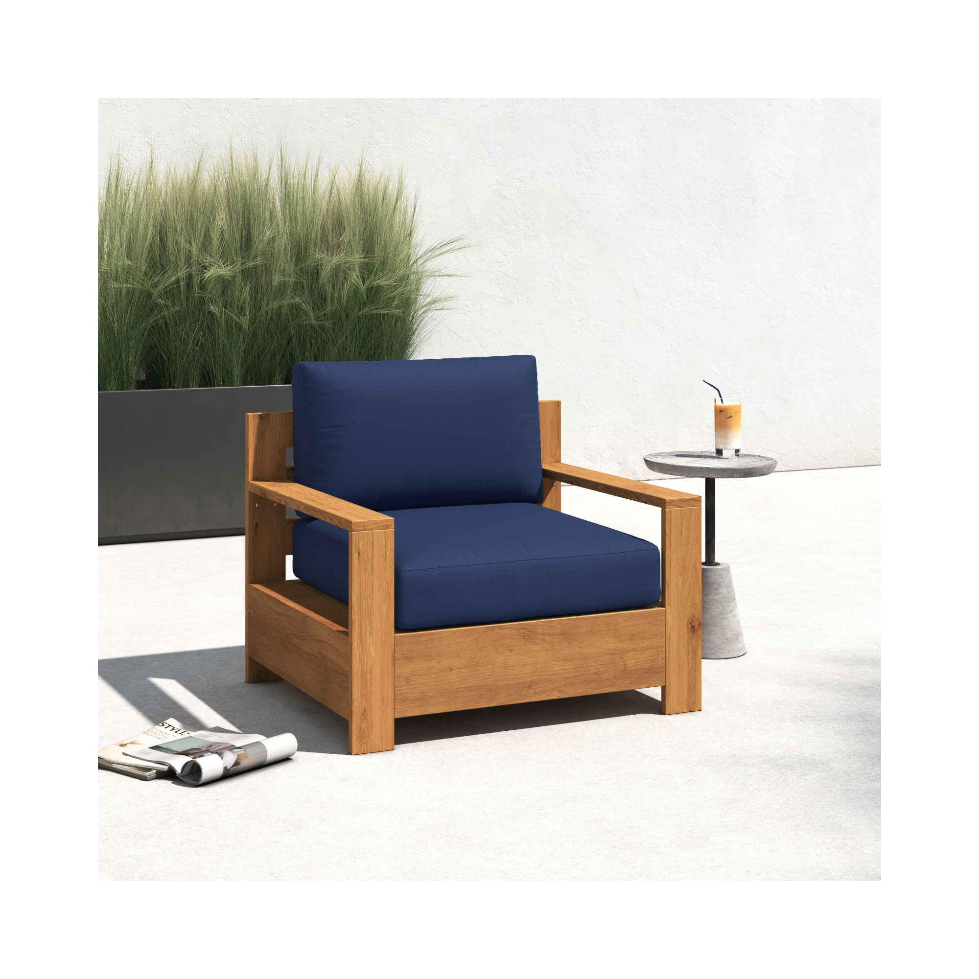 Miguelina Teak Outdoor Lounge Chair , Sunbrella® Cushions Included, Canvas Navy Sunbrella® Canvas, Natural Sanded
