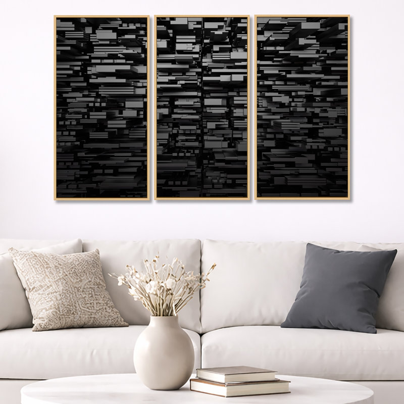 Fond géométrique noir / gris - ensemble de 3 toiles abstraites encadrées, Érable, H 32 po x l 48 po