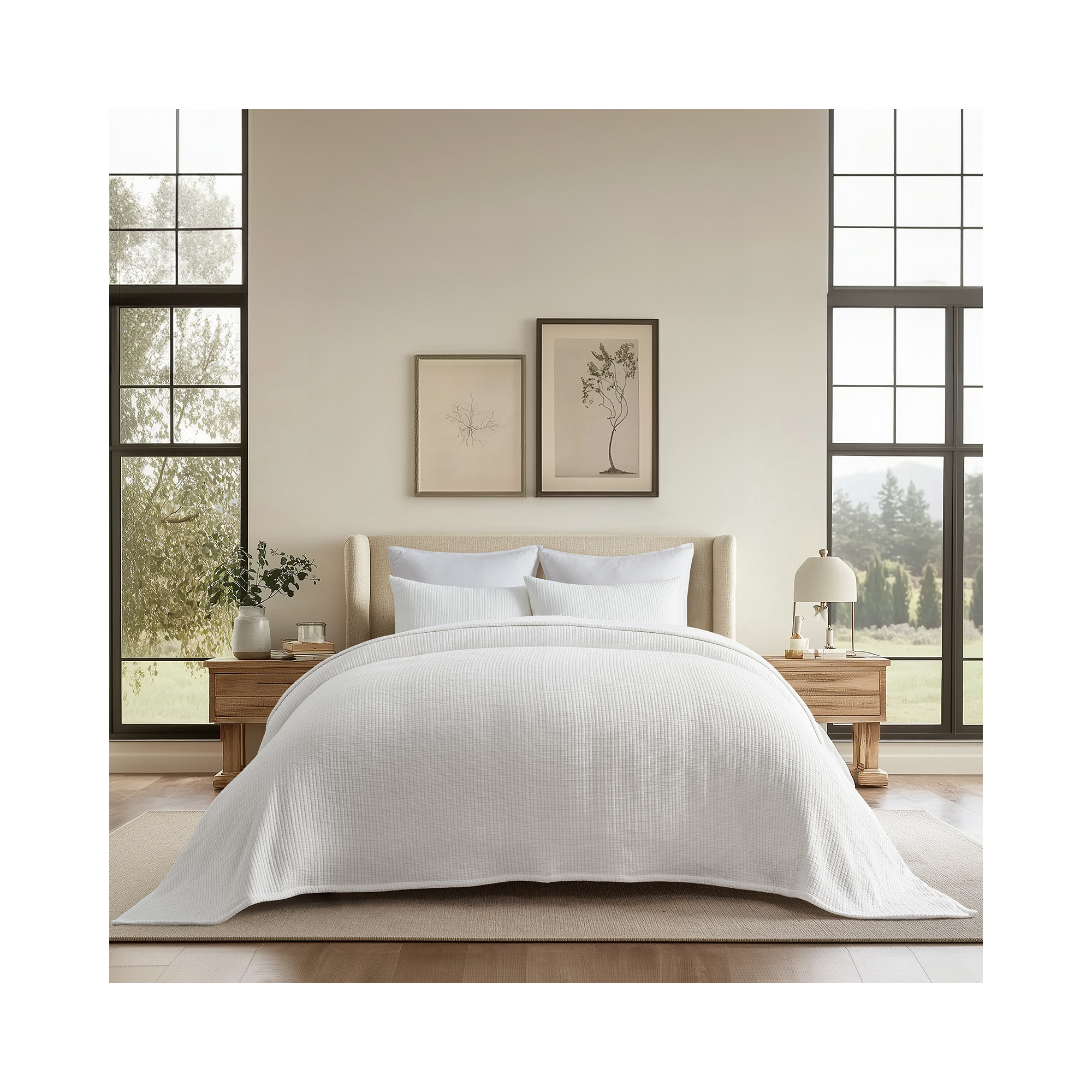 Solid Cotton Gauze Pick-stitch Matelesse Coverlet Bedspread set, King Quilt + 2 King Shams, Ivory White