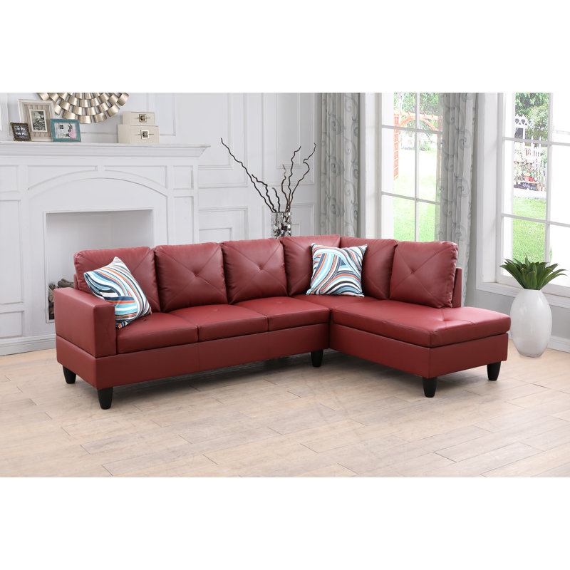 Glennia Faux Leather L-Shaped Sectional, Red Faux Leather, Right Hand Facing