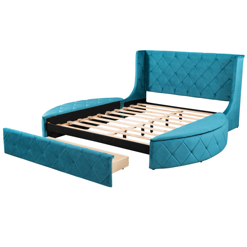 Lit de rangement rembourré grand format en velours bleu avec plateforme de tabouret à oreilles et tête de lit, Bleu