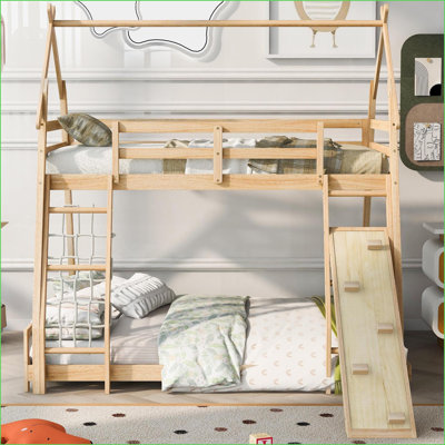 Twin Over Queen Solid Pine &amp; MDF Bunk Bed with Climbing Net/Ramp, Natural – No Box Spring Required