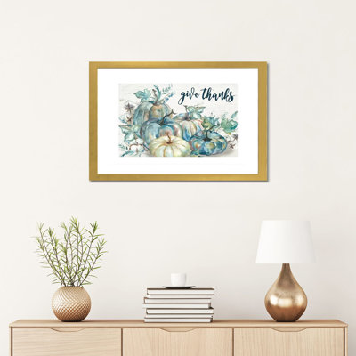 " Blue Watercolor Harvest Pumpkin Give Thanks I " Watercolor Painting