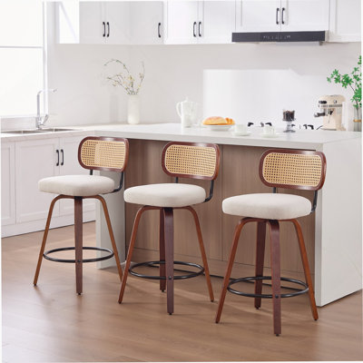Set Of 3, 26-Inch Counter Height Bar Stools With Cane Rattan Back And Beige Linen Seat, Swivel Design For Kitchen And Bar
