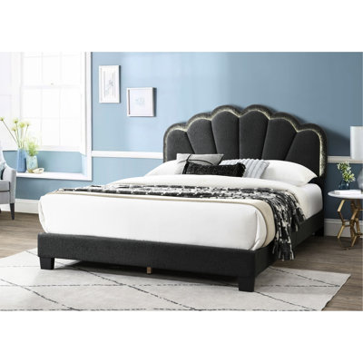Grand lit, gris anthracite, tête de lit avec lumières à DEL, sans sommier, cadre en bois, lit de chambre à coucher festonné et matériau