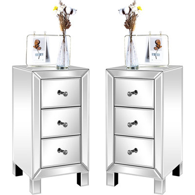 3-Drawer Mirrored Nightstand Set Of 2, End Table, Bedside Table, Glass Nightstand For Bedroom, Living Room,