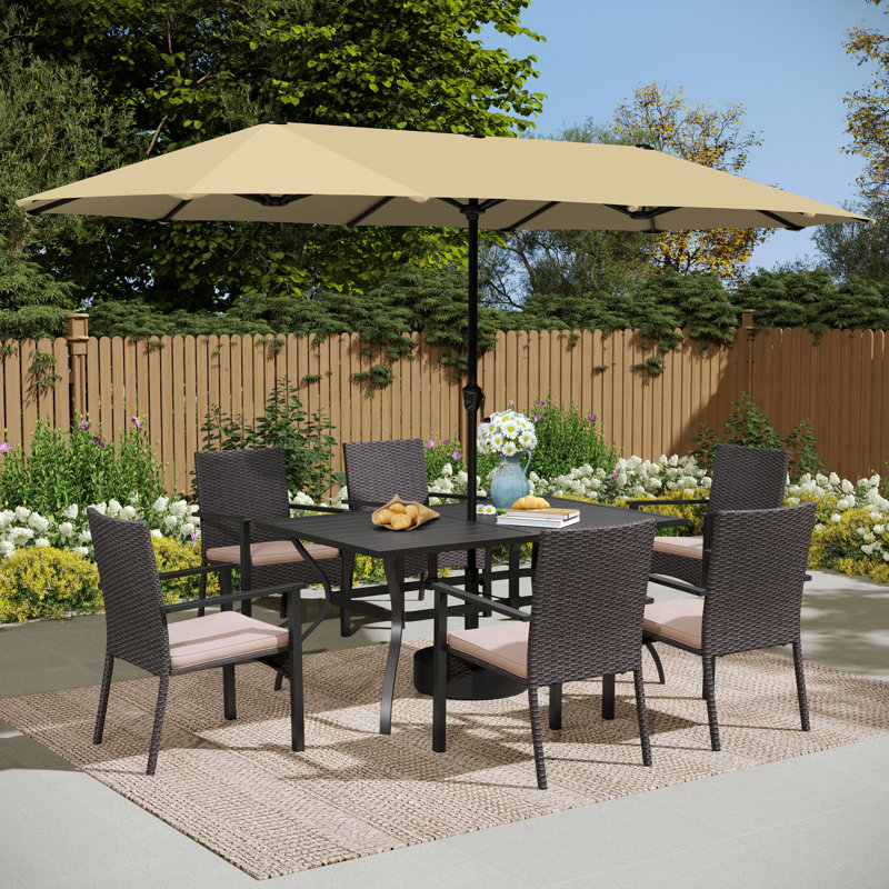 Ensemble de salle à manger rectangulaire en métal pour 6 personnes avec parasol
