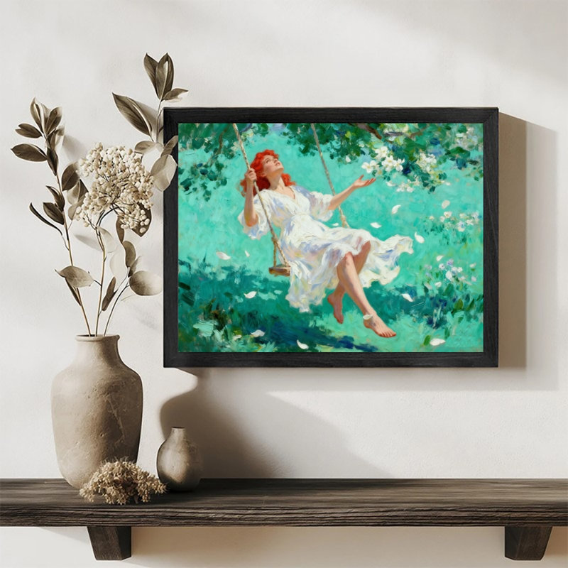 Art encadré noir, «The Lady in a White Dress on the Flower Tree Swing», impression impressionniste encadrée, H 9 po x l 11 po