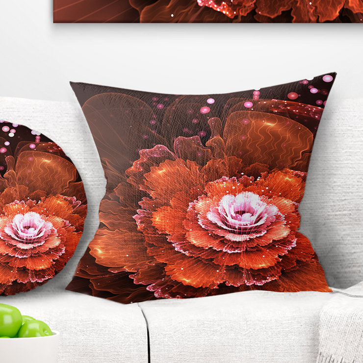 Fleur orange fractale - coussin à imprimé floral, 16 po x 1 po, Coussin décoratif
