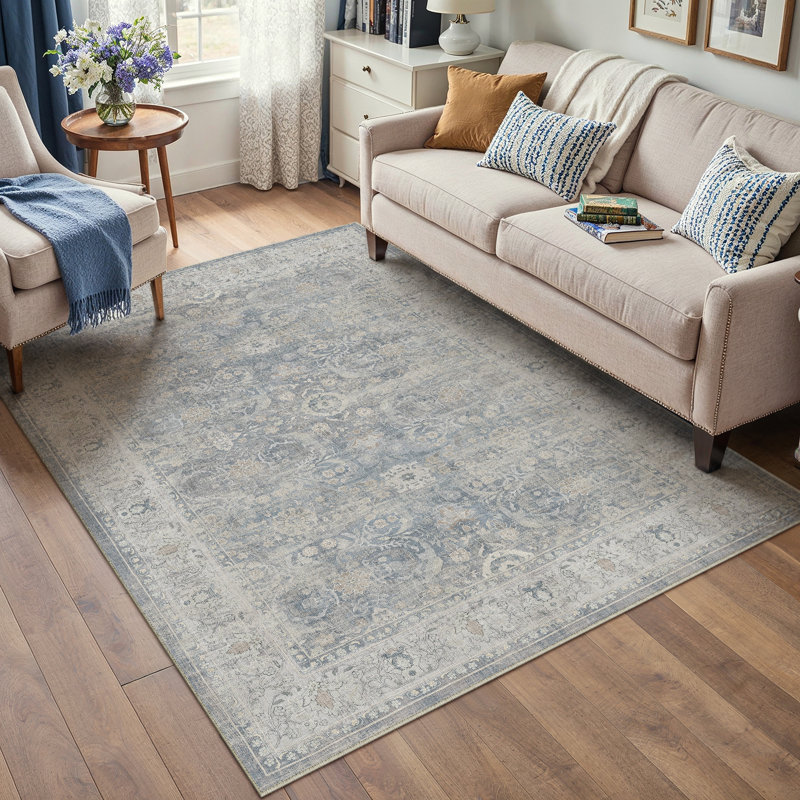 Tapis bleu lavable rétro Bremerton avec envers antidérapant, Rectangle 5 pi x 7 pi, Bleu