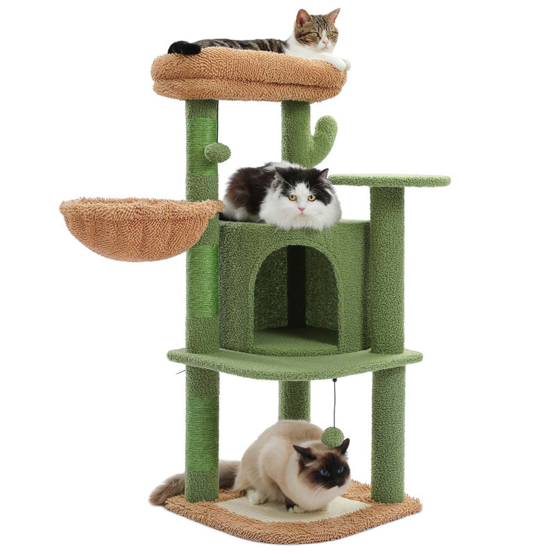 Tour pour arbre à chat 42 "à plusieurs niveaux avec condo confortable, poteaux à griffer recouverts de sisal, coussins et boules remplaçables et perchoir
