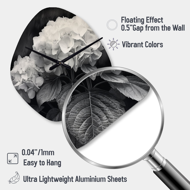 Horloge murale grise et blanche hydrangée Bloom II - Floral, Petit
