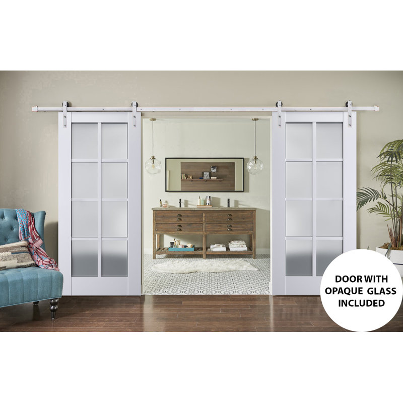 Porte de grange double robuste avec verre dépoli Veregio 7412 Blanc Soie, supports de rail de 4 m (13 pi), portes intérieures à panneaux pleins et lourds - 213 cm x 203 cm (84 po x 80 po) (2 x 107 cm x 203 cm) - Rail argenté