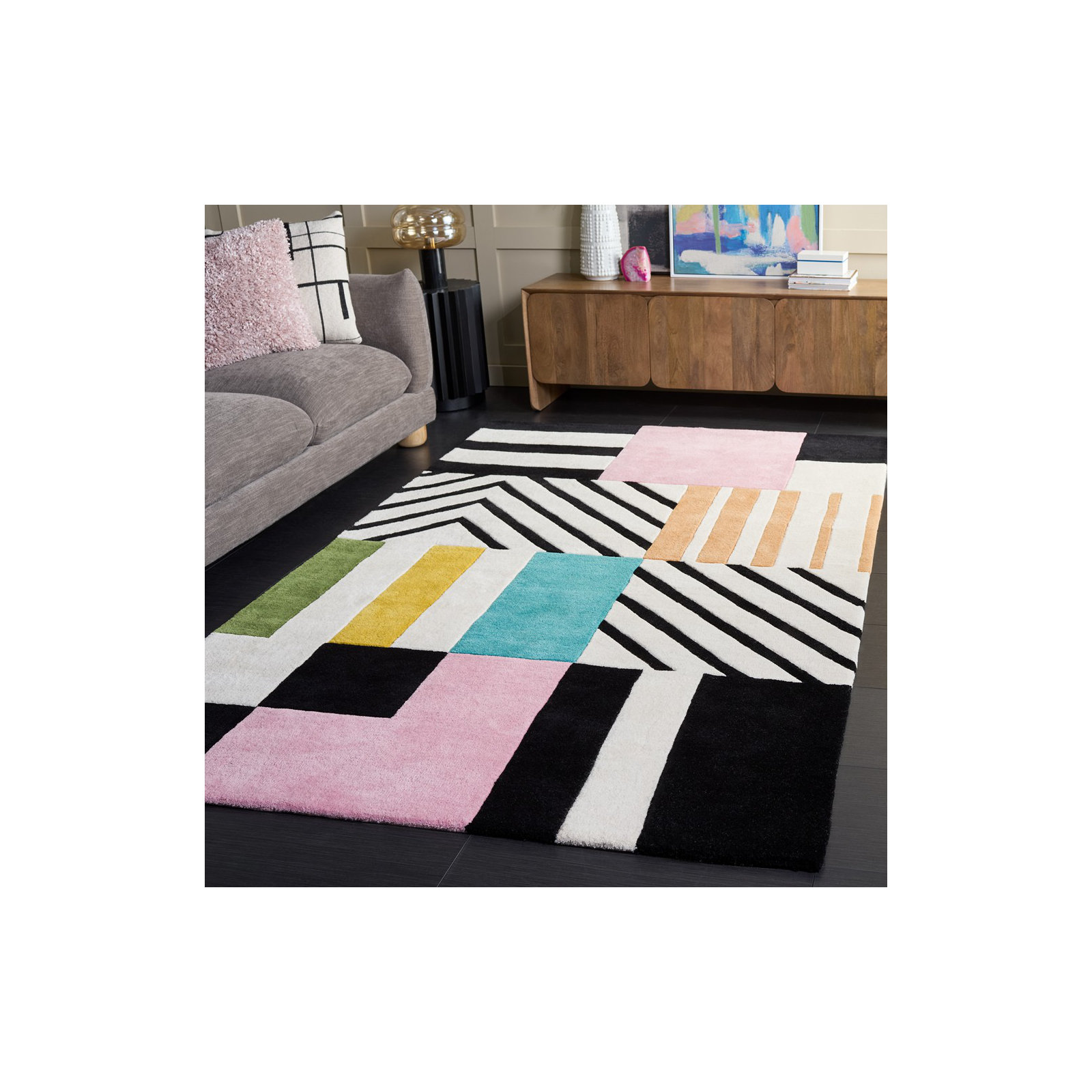 Tripoli Hand Tufted Wool Ivory/Black/Pink Rug, Rectangle 8' x 10'