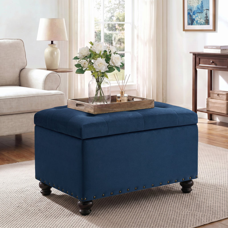 Repose-pieds rectangulaire avec rangement Dhiren, Velours bleu foncé