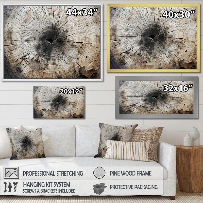 Arbre coupé en souche - décoration murale arbre séquoia, H 12 po x l 20 po x P 1 po, Cadre simple noir