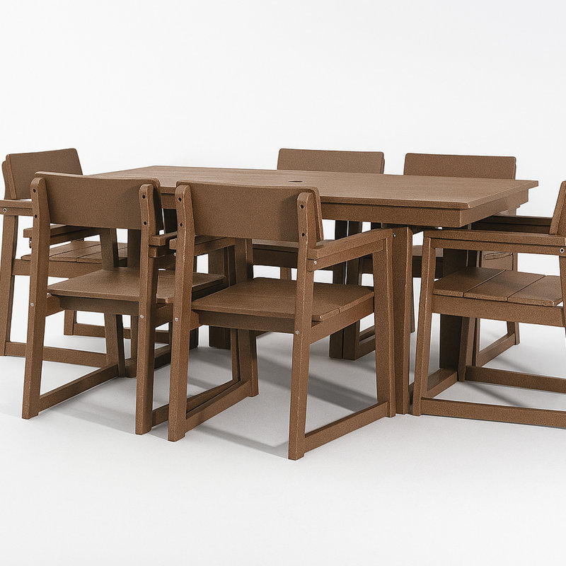 Brown 7 - Piece Outdoor Dining For 6, Weather Patio Table With Umbrella Hole And 6 Armrest Chairs, Furniture Backyard, Lawn, Deck Or Poolside, Crafted From Recycled , High Customization Option