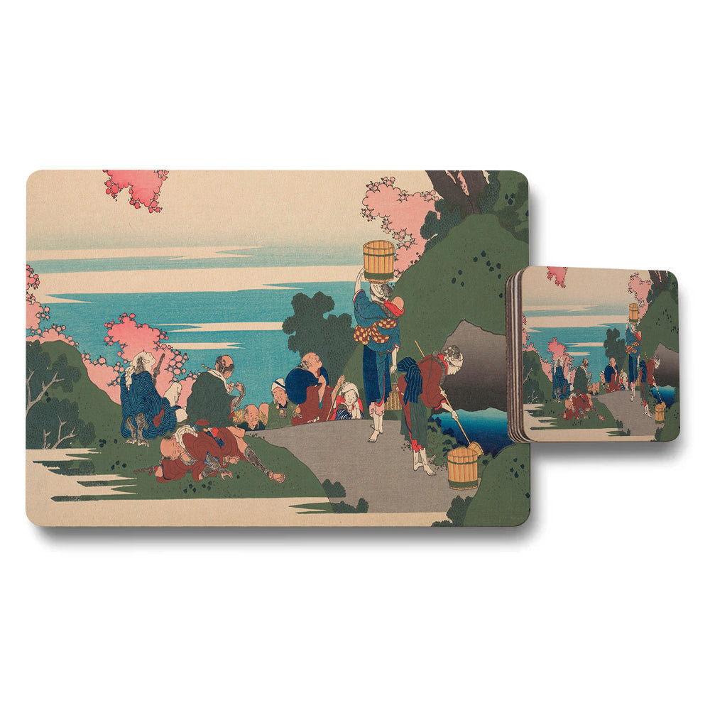 Japanese Ukiyoe Style Placemats And Coasters Set With Cherry Blossom Scene