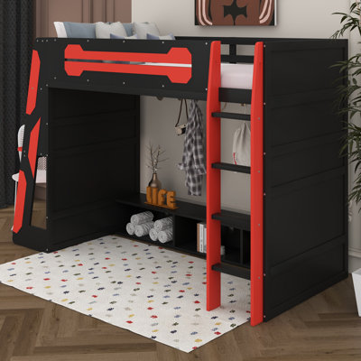Twin Size Loft Bed With Desk And Storage Shelves & LED RGB Light, Gaming Bed Frame With Ladder And Guardrail For Teens Adults