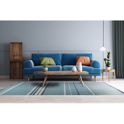 Tapis bleu en laine tissé à plat Bazil