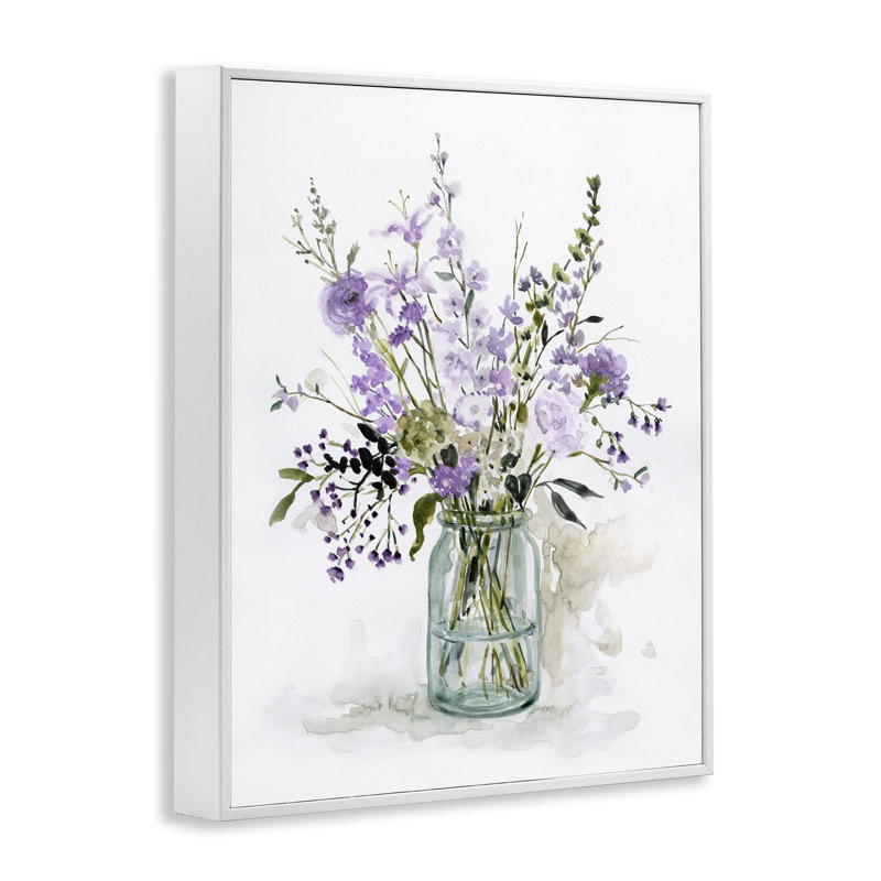 «Mixed Purple Botanicals Traditional Flower Arrangement» par Carol Robinson - peinture à cadre flottant sur toile