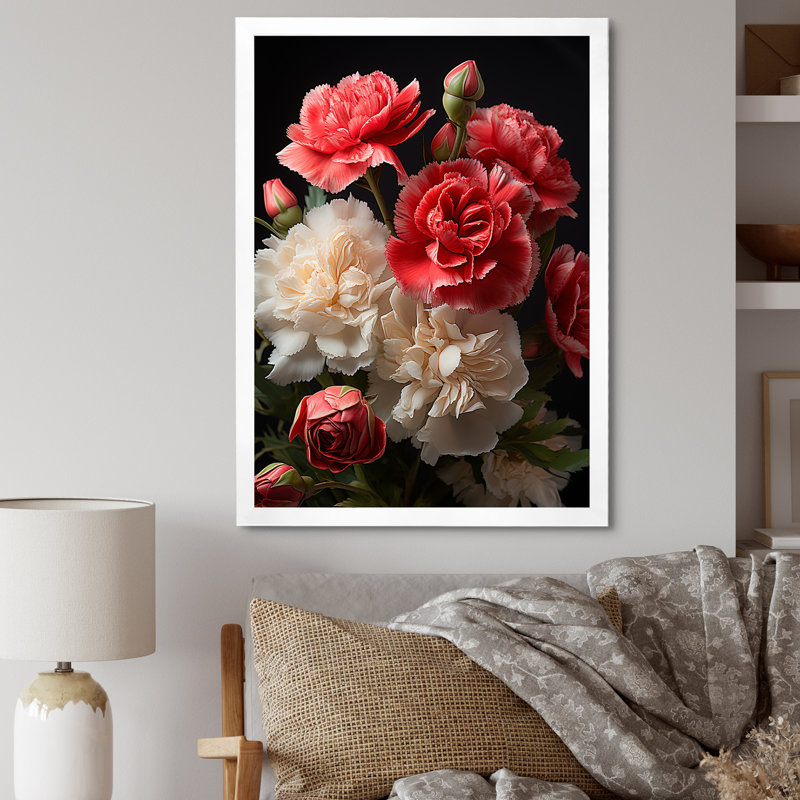 Nature morte, Œillets roses en fleurs I - œillets, art mural, Cadre photo blanc, H 32 po x l 16 po x P 1 po