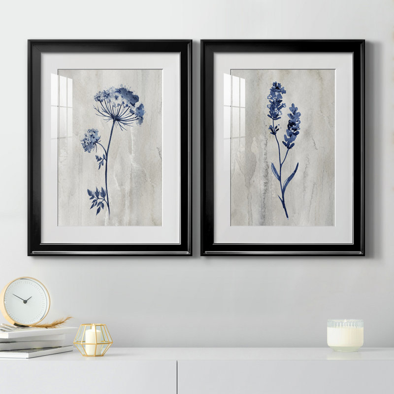 «Indigo Botanical I», ensemble de 2 reproductions d'impressions, H 31,5 po x l 47 po, Impression encadrée avec passe-partout