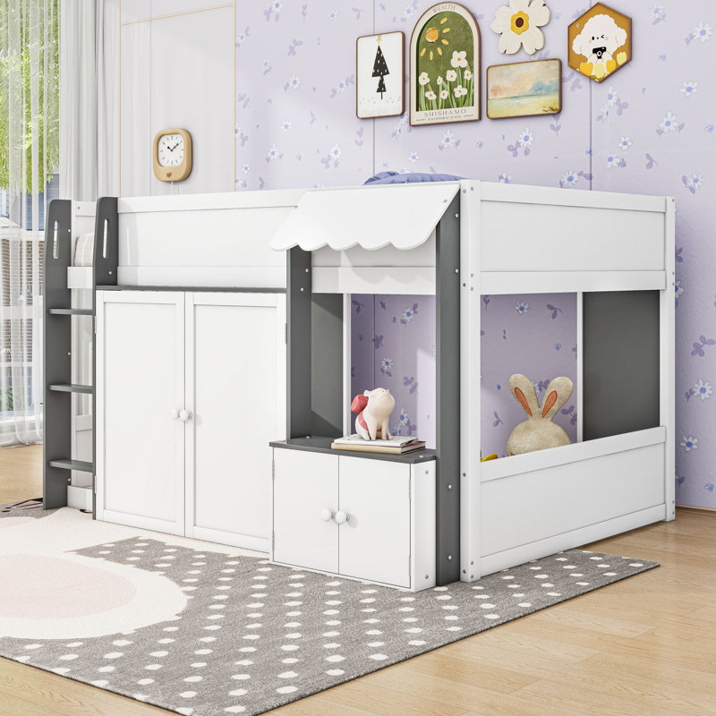 Lit mezzanine avec armoires de rangement, Blanc gris