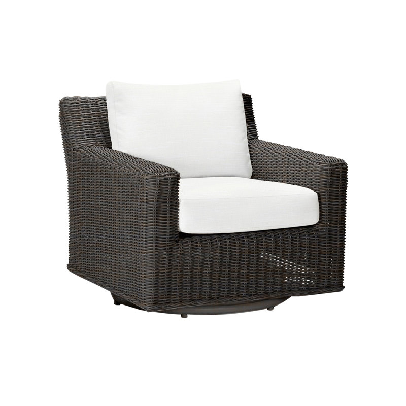 Rustic Swivel Patio Chair with Cushions, No Welt, Rollo Lace InsideOut® Linen, Black Walnut