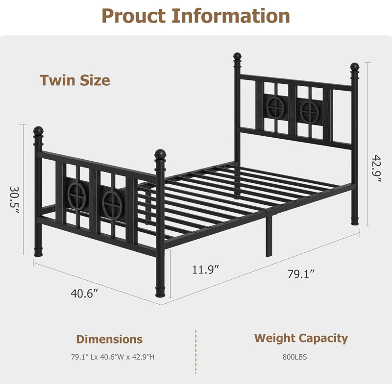 Structure de lit avec tête et pied de lit, espace de rangement sous le lit, structure en métal, aucun sommier requis, Noir