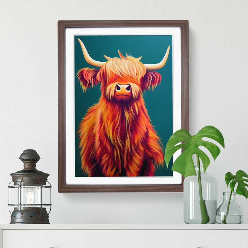 Highland Cow Art No.4 - Single Picture Frame Print, 46cm H x 34cm W x 2cm D, Walnut