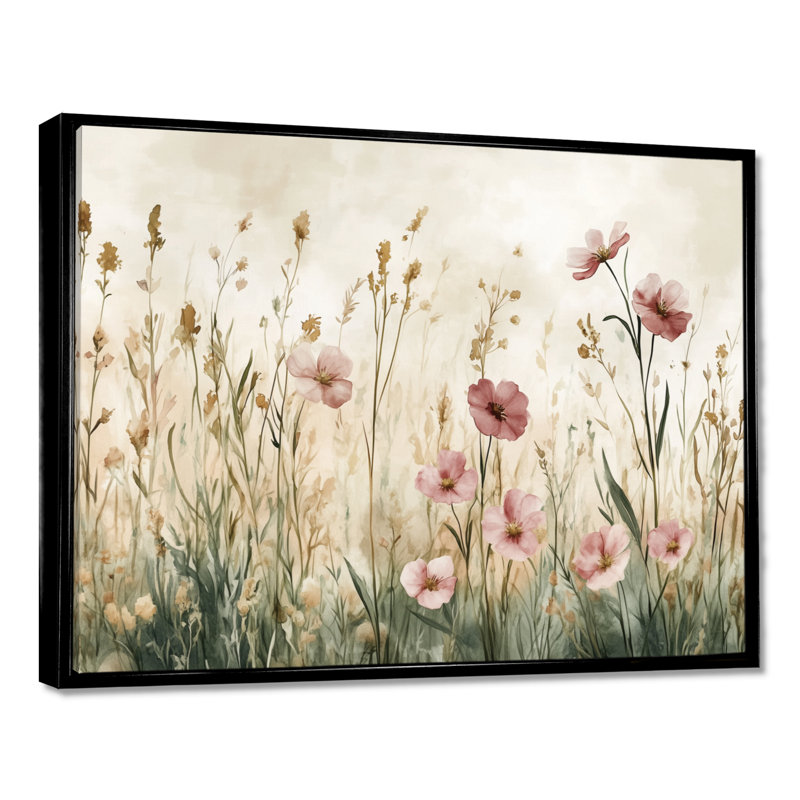 Art sur toile Blush Poppy Field Whisper I - champ rose, H 16 po x l 32 po, Cadre flottant noir