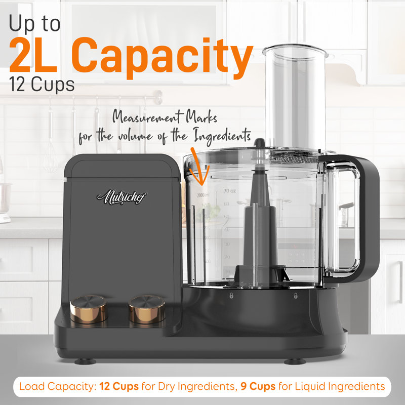 NutriChef Ultra Quiet Black Chrome 2L Food Processor with 6 Blades