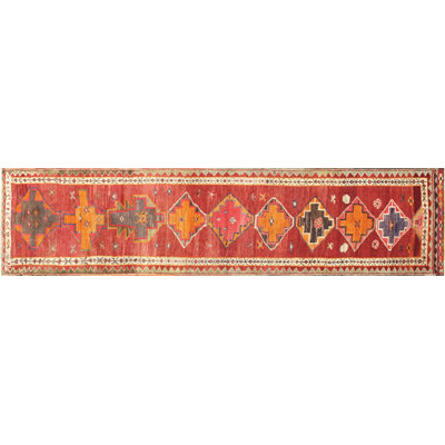 Tapis de couloir unique en laine noué à la main de style années 1960 de 2 pi 10 po x 11 pi 11 po en rouge / orange / crème