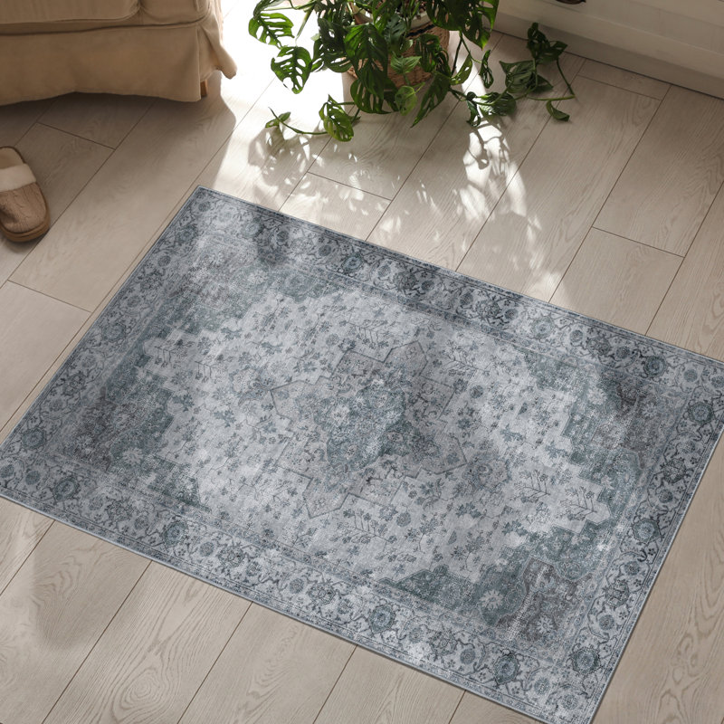 Tapis oriental en polyester tissé à la machine en bleu, Rectangle 3 pi x 5 pi