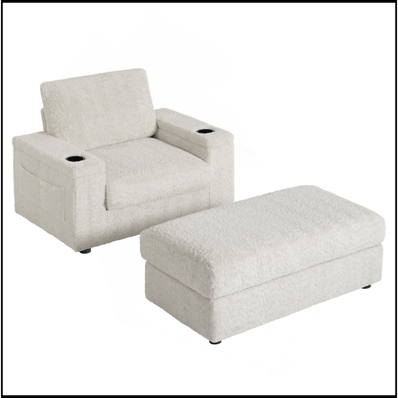 Canapé-lit surdimensionné de 42 po pour l'intérieur, en fausse fourrure de lapin avec repose-pieds et accoudoirs de rangement, porte-gobelets, fauteuil-lit rembourré, canapé-lit avec siège profond pour le salon, la chambre à coucher,