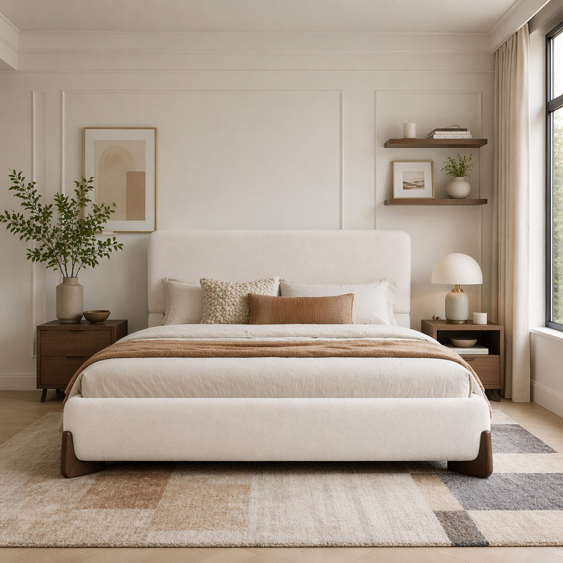 Lit tapissier, White Fabric+Dark Brown Legs, Queen