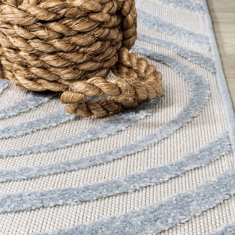 Tapis intérieur / extérieur rayé bleu clair / ivoire Maribo, Rectangle 3 pi 11 po x 6 pi