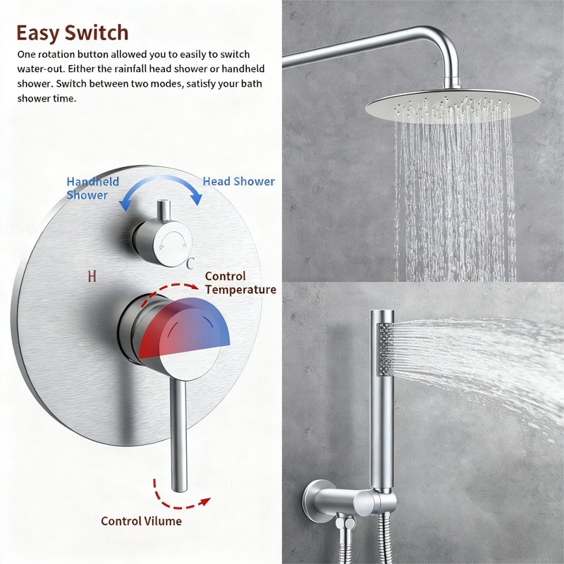 Shower System Shower Faucet Combo Set Wall Mounted With 10" Rainfall Shower Head And Handheld Shower Faucet, Brushed Nickel Finish Shower Faucet Rough-In