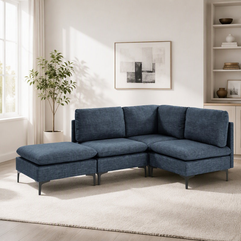 Canapé modulaire en lin rembourré avec pieds en métal, 35" H x 91" W x 91" D, Dark Grey Linen