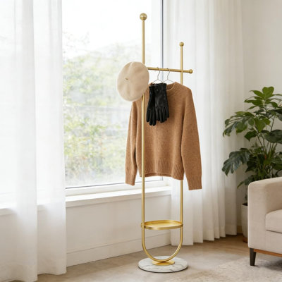 Luxury Gold Metal Freestanding Coat Rack with Marble Base | Multi-functional Hanging Area | Heavy-Duty Organizer for Bedroom or Entryway