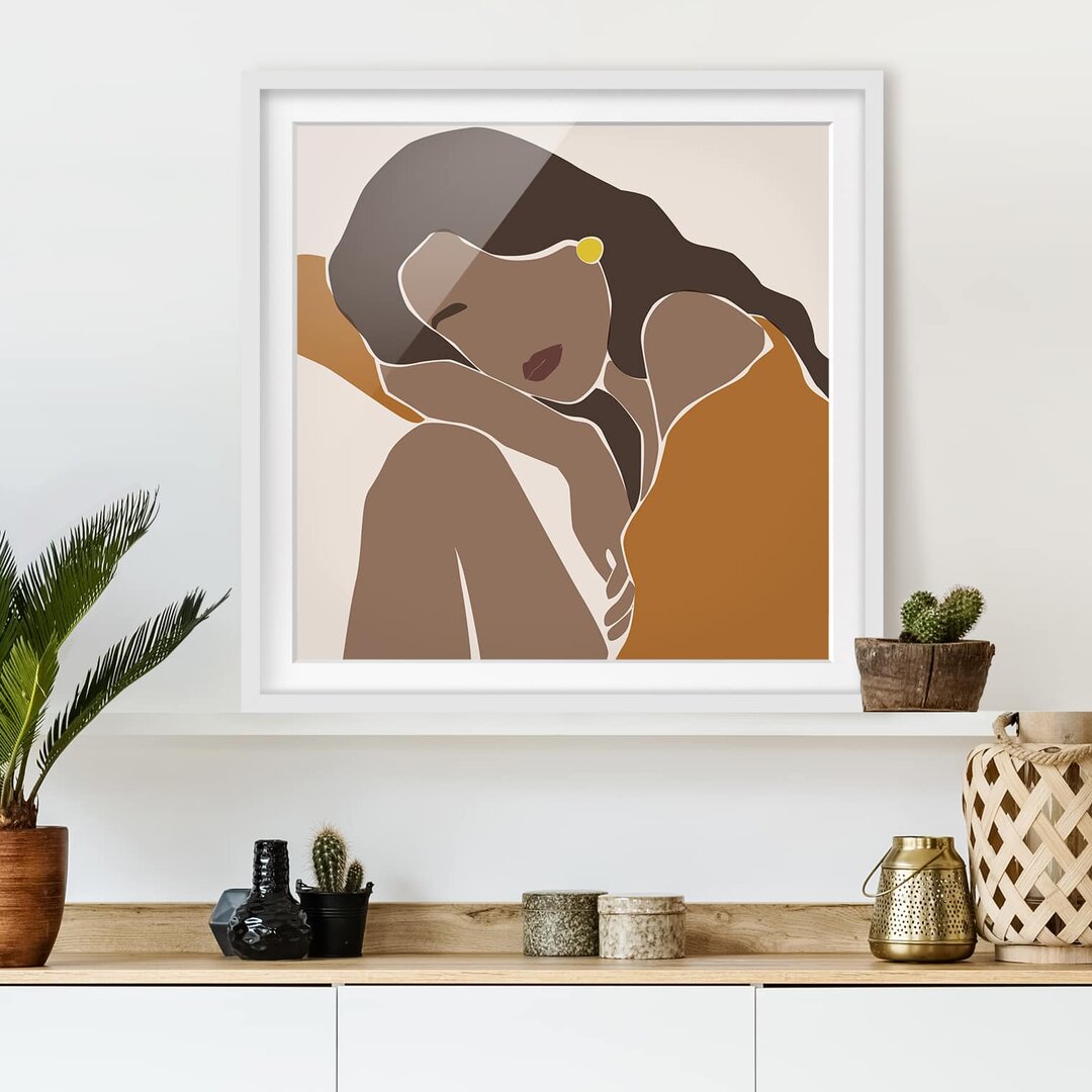 Gerahmtes Poster Line Art Woman Brown Beige